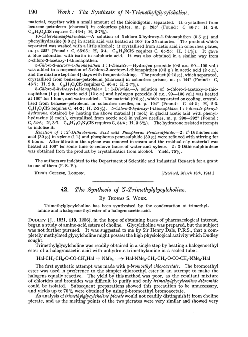 42. The synthesis of N-trimethylglycylcholine