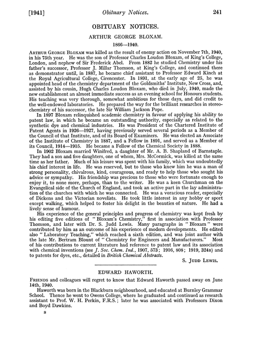 Obituary notices: Arthur George Bloxam, 1866–1940; Edward Haworth; John William Towers, 1855–1941; Frank Watson Young, 1852–1941
