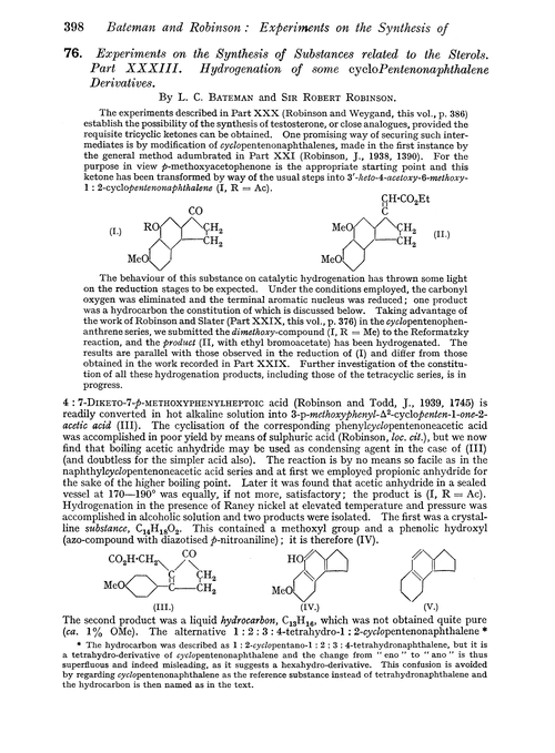 76. Experiments on the synthesis of substances related to the sterols. Part XXXIII. Hydrogenation of some cyclopentenonaphthalene derivatives