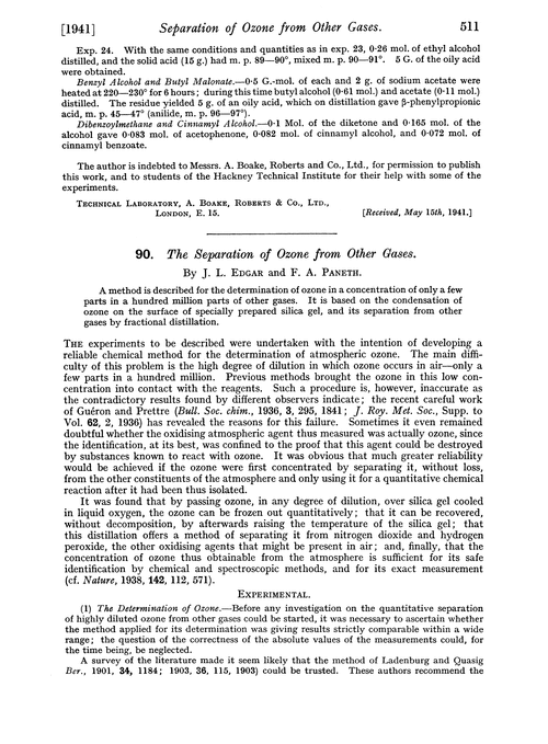 90. The separation of ozone from other gases