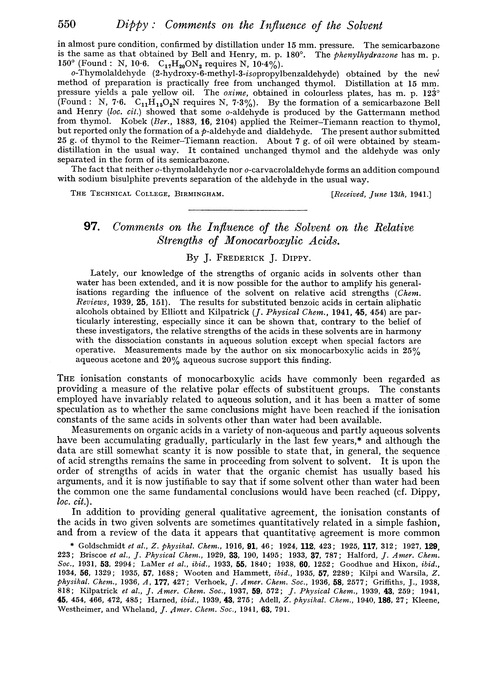 97. Comments on the influence of the solvent on the relative strengths of monocarboxylic acids