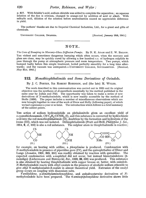 112. Monothiophthalimide and some derivatives of oxindole