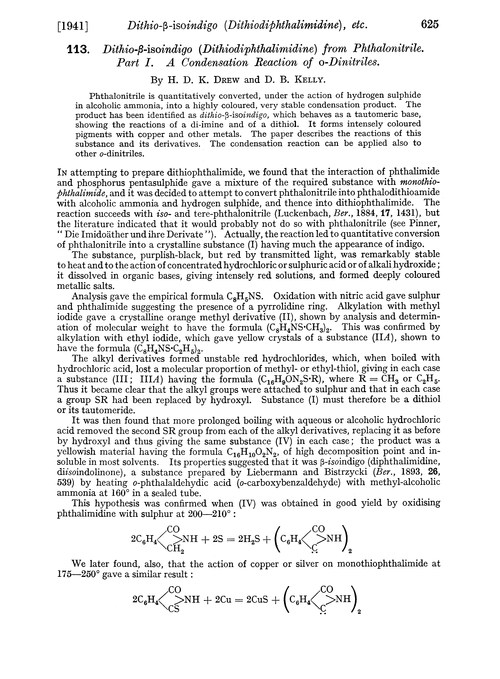 113. Dithio-β-isoindigo (dithiodiphthalimidine) from phthalonitrile. Part I. A condensation reaction of o-dinitriles