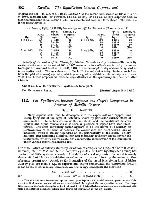 142. The equilibrium between cuprous and cupric compounds in presence of metallic copper