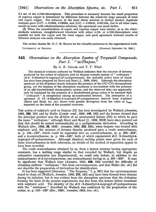 143. Observations on the absorption spectra of terpenoid compounds. Part I. “isoThujone”