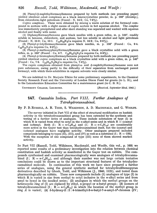 147. Cannabis indica. Part VIII. Further analogues of tetrahydrocannabinol