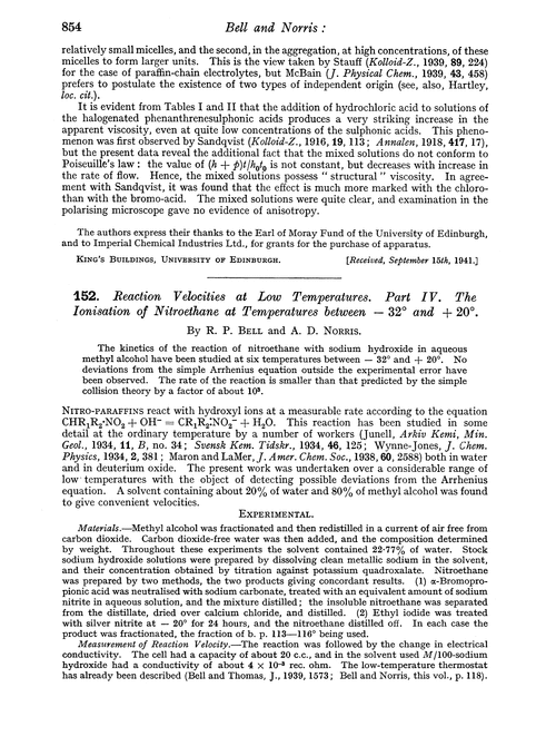 152. Reaction velocities at low temperatures. Part IV. The ionisation of nitroethane at temperatures between –32° and + 20°