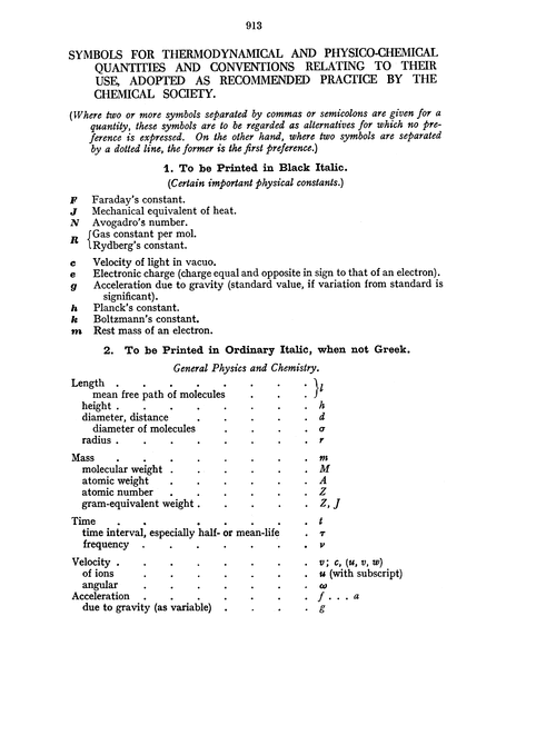 Symbols for thermodynamical and physico-chemical quantities and conventions relating to their use, adopted as recommended practice by the Chemical Society