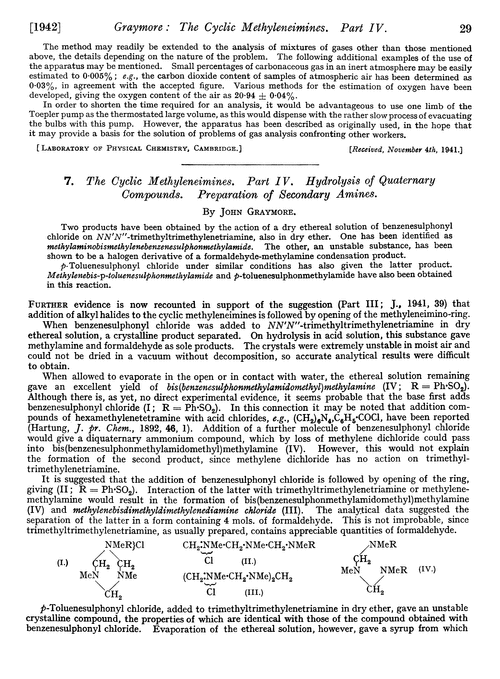 7. The cyclic methyleneimines. Part IV. Hydrolysis of quaternary compounds. Preparation of secondary amines