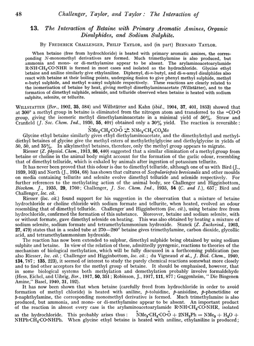 13. The interaction of betaine with primary aromatic amines, organic disulphides, and sodium sulphite