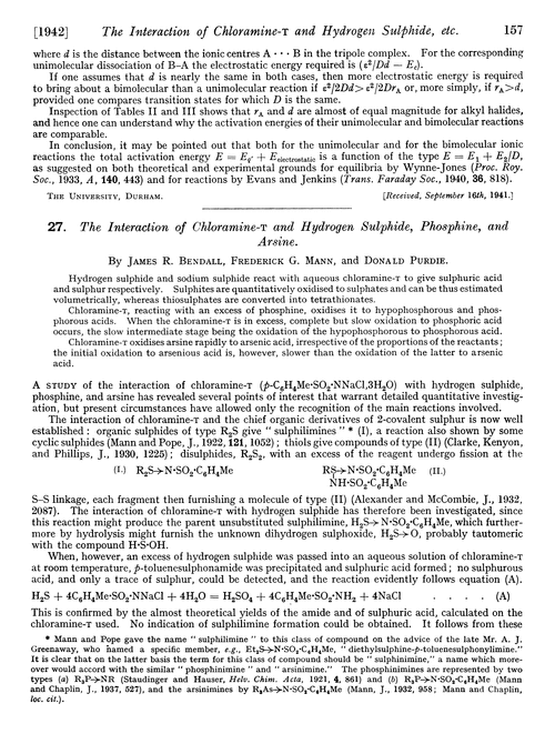 27. The interaction of chloramine-T and hydrogen sulphide, phosphine, and arsine