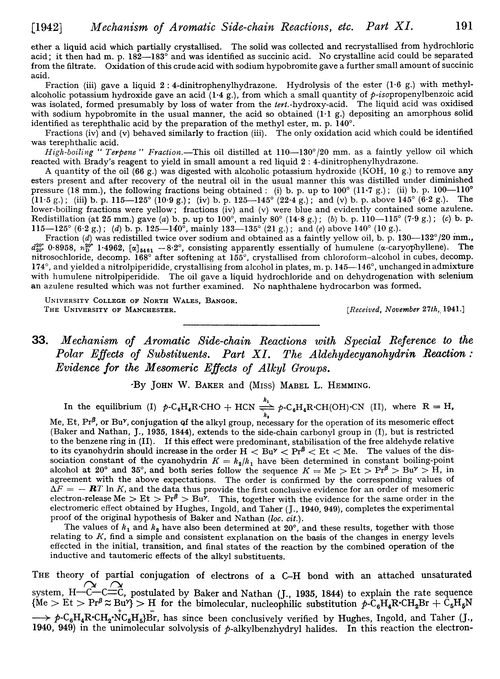 33. Mechanism of aromatic side-chain reactions with special reference to the polar effects of substituents. Part XI. The aldehydecyanohydrin reaction: evidence for the mesomeric effects of alkyl groups
