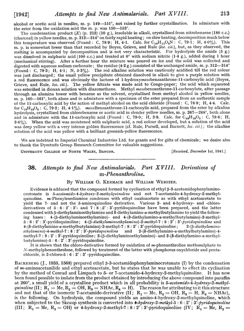 38. Attempts to find new antimalarials. Part XVIII. Derivatives of m-phenanthroline