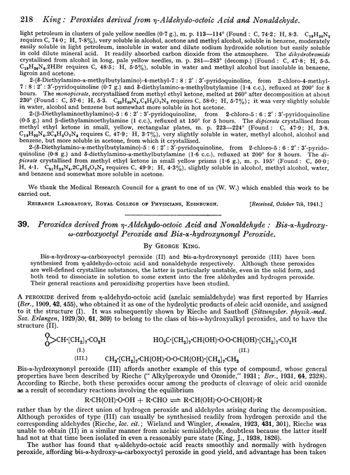 39. Peroxides derived from η-aldehydo-octoic acid and nonaldehyde : bis-α-hydroxy-ω-carboxyoctyl peroxide and bis-α-hydroxynonyl peroxide