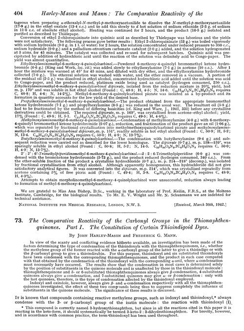 73. The comparative reactivity of the carbonyl groups in the thionaphthenquinones. Part I. The constitution of certain thioindigoid dyes