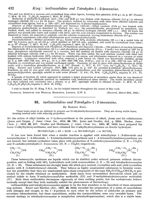 81. isoOxazolidine and tetrahydro-1 : 2-isooxazine