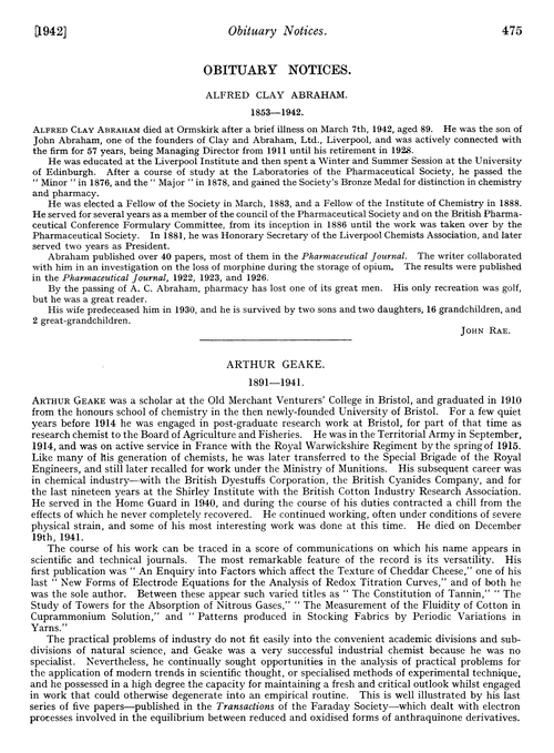 Obituary notices: Alfred Clay Abraham, 1853–1942; Arthur Geake, 1891–1941; Andrew McKeown, 1900–1940; James Alexander Pond, 1845–1941