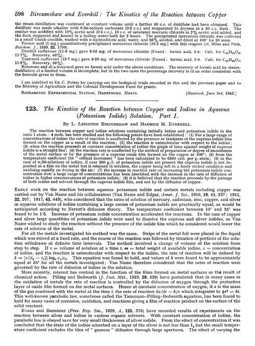 123. The kinetics of the reaction between copper and iodine in aqueous (potassium iodide) solution. Part I