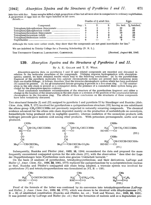 139. Absorption spectra and the structures of pyrethrins I and II