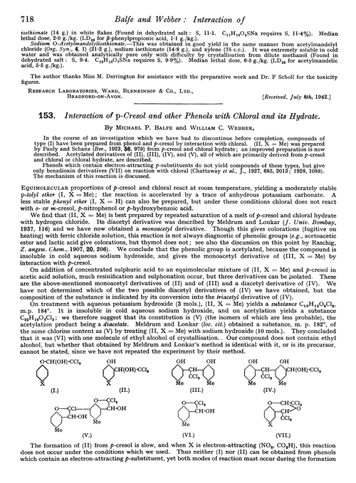 153. Interaction of p-cresol and other phenols with chloral and its hydrate