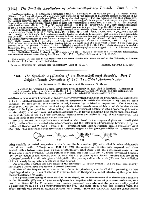 160. The synthetic application of o-β-bromoethylbenzyl bromide. Part I. Sulphanilamide derivatives of 1 : 2 : 3 : 4-tetrahydroisoquinoline