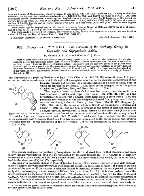 161. Sapogenins. Part XVII. The position of the carboxyl group in oleanolic and glycyrrhetic acids