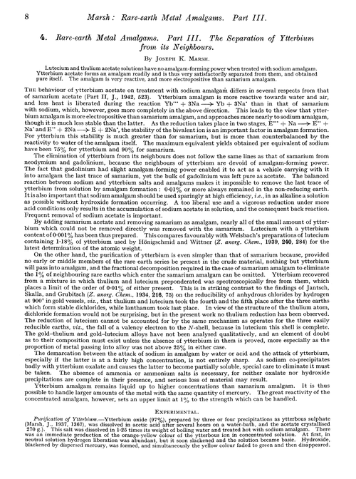 4. Rare-earth metal amalgams. Part III. The separation of ytterbium from its neighbours