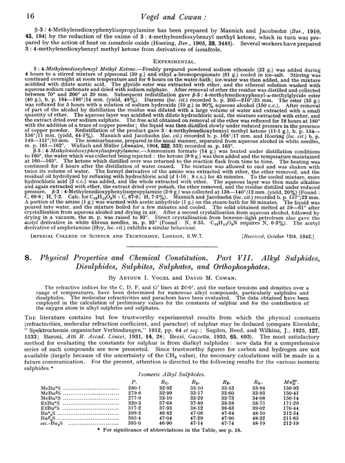 8. Physical properties and chemical constitution. Part VII. Alkyl sulphides, disulphides, sulphites, sulphates, and orthophosphates