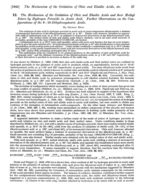 12. The mechanism of the oxidation of oleic and elaidic acids and their methyl esters by hydrogen peroxide in acetic acid. Further observations on the configurations of the 9 : 10-dihydroxystearic acids