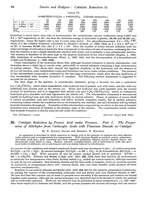 30. Catalytic reduction by formic acid under pressure. Part I. The preparation of aldehydes from carboxylic acids with titanium dioxide as catalyst