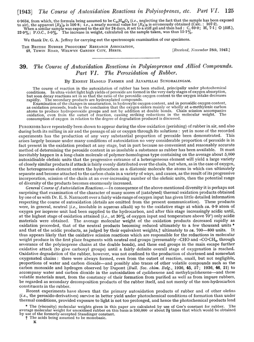 39. The course of autoxidation reactions in polyisoprenes and allied compounds. Part VI. The peroxidation of rubber