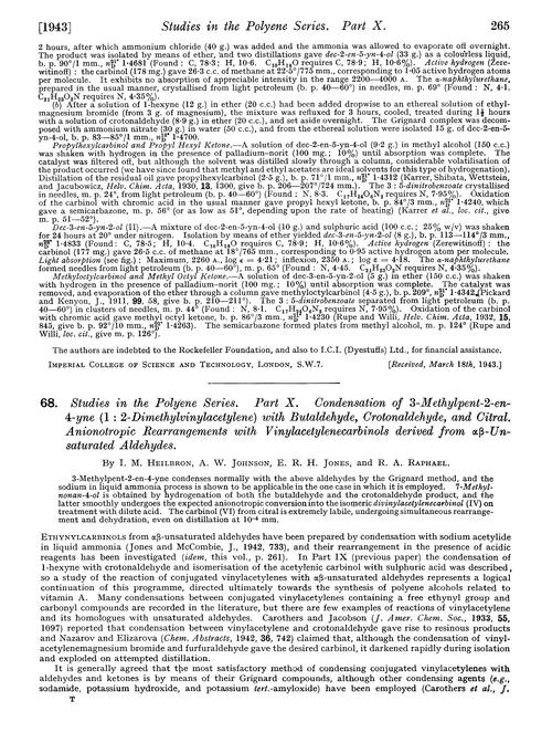68. Studies in the polyene series. Part X. Condensation of 3-methylpent-2-en-4-yne (1 : 2-dimethylvinylacetylene) with butaldehyde, crotonaldehyde, and citral. Anionotropic rearrangements with vinylacetylenecarbinols derived from αβ-unsaturated aldehydes
