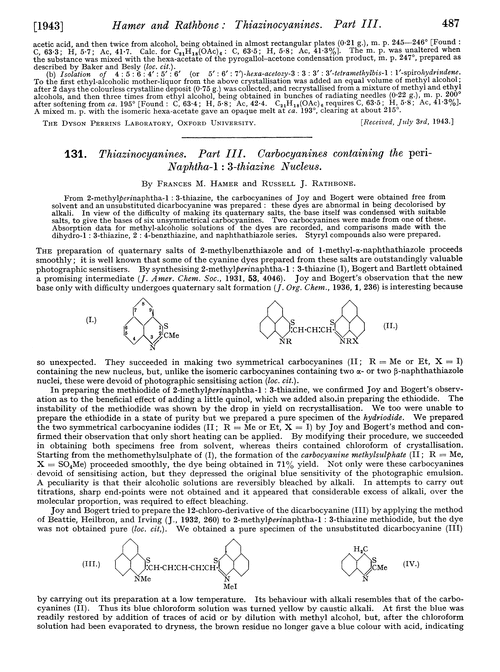 131. Thiazinocyanines. Part III. Carbocyanines containing the peri-naphtha-1 : 3-thiazine nucleus