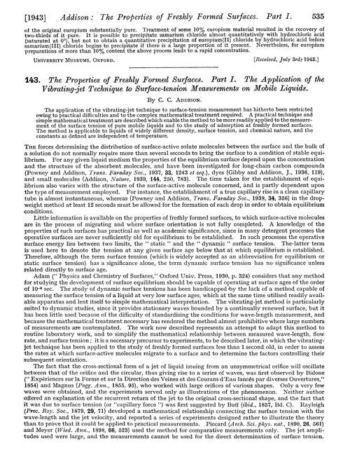 143. The properties of freshly formed surfaces. Part I. The application of the vibrating-jet technique to surface-tension measurements on mobile liquids