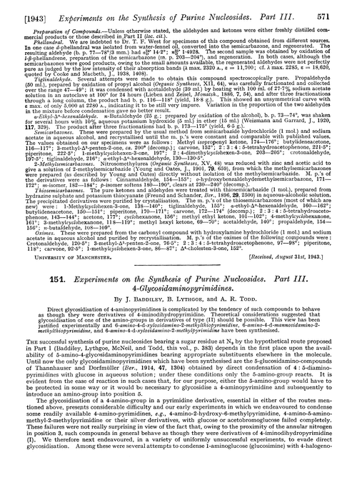 151. Experiments on the synthesis of purine nucleosides. Part III. 4-Glycosidaminopyrimidines
