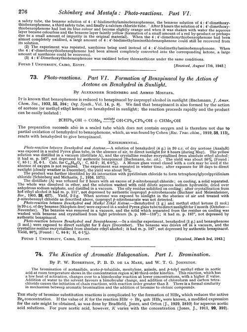 73. Photo-reactions. Part VI. Formation of benzpinacol by the action of acetone on benzhydrol in sunlight