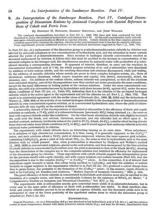 9. An interpretation of the Sandmeyer reaction. Part IV. Catalysed decomposition of diazonium kations by anionoid complexes with special reference to those of cobalt and ferric iron