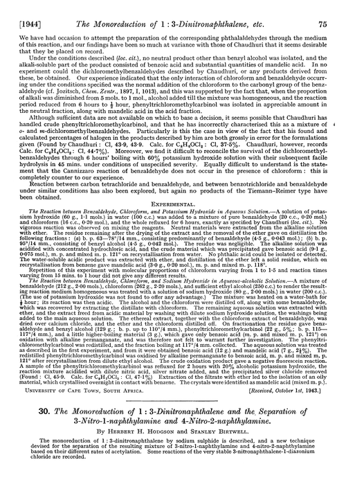 30. The monoreduction of 1 : 3-dinitronaphthalene and the separation of 3-nitro-1-naphthylamine and 4-nitro-2-naphthylamine