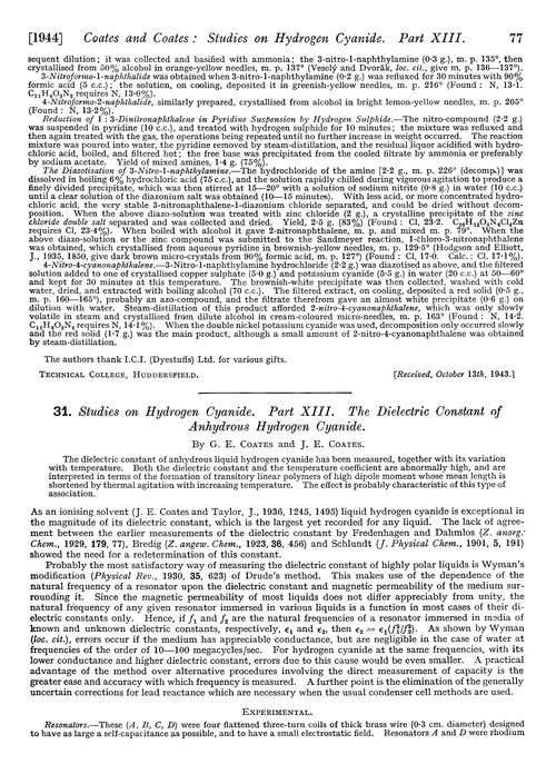 31. Studies on hydrogen cyanide. Part XIII. The dielectric constant of anhydrous hydrogen cyanide