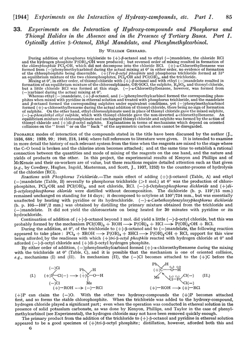 33. Experiments on the interaction of hydroxy-compounds and phosphorus and thionyl halides in the absence and in the presence of tertiary bases. Part I. Optically active β-octanol, ethyl mandelate, and phenylmethylcarbinol