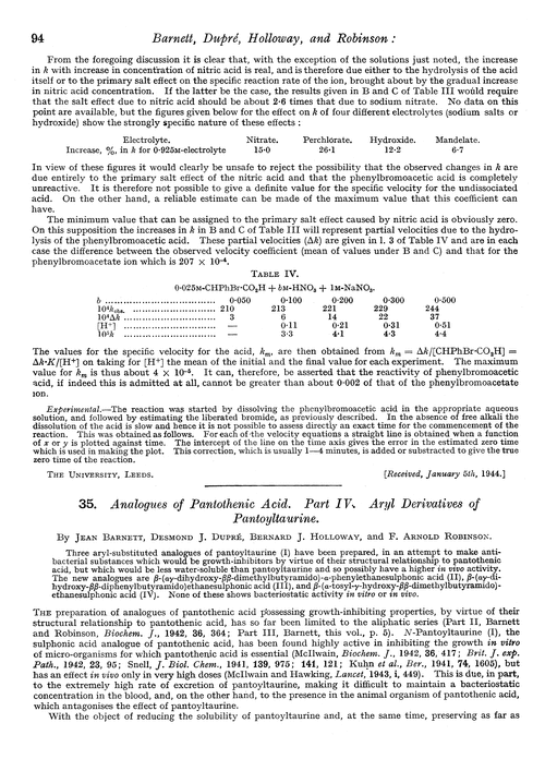 35. Analogues of pantothenic acid. Part IV. Aryl derivatives of pantoyltaurine