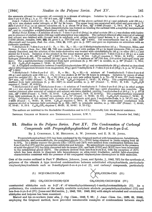 51. Studies in the polyene series. Part XV. The condensation of carbonyl compounds with propenylethynylcarbinol and hex-3-en-5-yn-2-ol