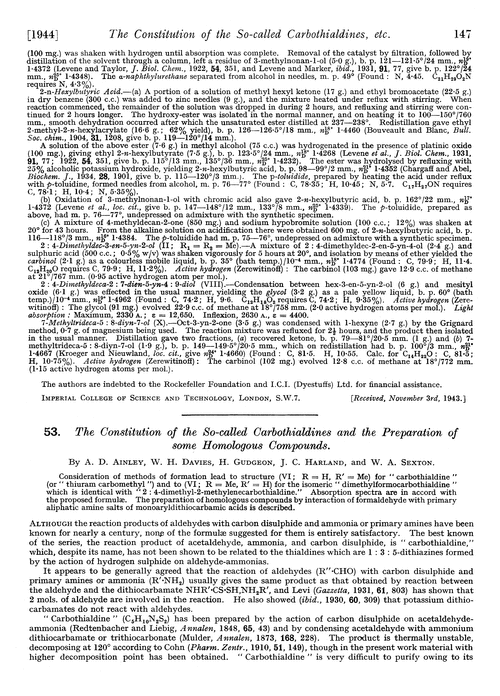 53. The constitution of the so-called carbothialdines and the preparation of some homologous compounds