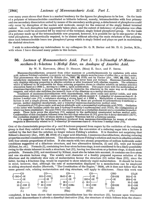 56. Lactones of mannosaccharic acid. Part I. 2 : 5-Dimethyl Δ4-mannosaccharo-3 : 6-lactone 1-methyl ester, an analogue of ascorbic acid