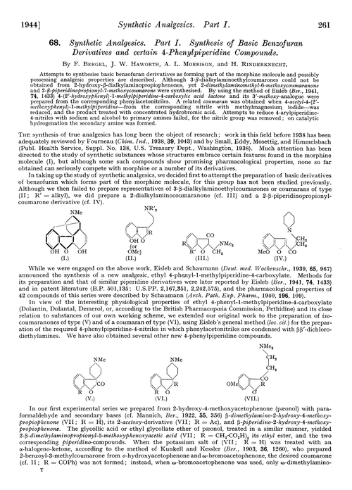 68. Synthetic analgesics. Part I. Synthesis of basic benzofuran derivatives and certain 4-phenylpiperidine compounds