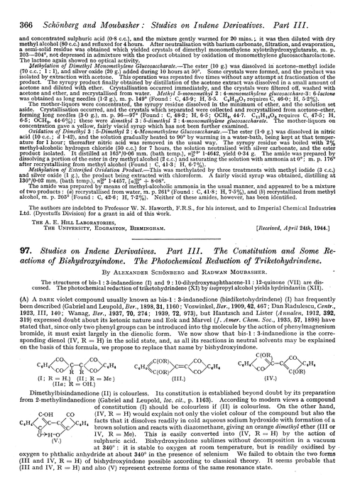 97. Studies on indene derivatives. Part III. The constitution and some reactions of bishydroxyindone. The photochemical reduction of triketohydrindene