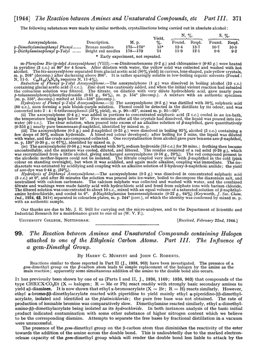 99. The reaction between amines and unsaturated compounds containing halogen attached to one of the ethylenic carbon atoms. Part III. The influence of a gem-dimethyl group