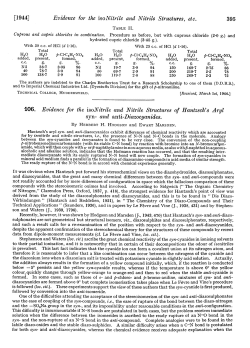 106. Evidence for the isonitrile and nitrile structures of Hantzsch's aryl syn- and anti-diazocyanides