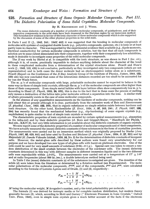 125. Formation and structure of some organic molecular compounds. Part III. The dielectric polarisation of some solid crystalline molecular compounds