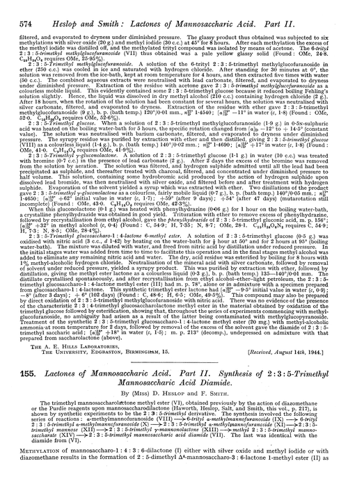 155. Lactones of mannosaccharic acid. Part II. Synthesis of 2 : 3 : 5-trimethyl mannosaccharic acid diamide